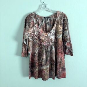 Vintage Y2K Apt. 9 Plus Size Boho Paisley Print Three-Quarter Sleeve Shirt